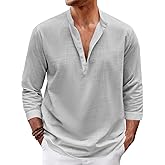 Karlywindow Mens Linen Henley Shirts Long Sleeve Hippie Yoga Summer Beach Casual Henleys T-Shirt