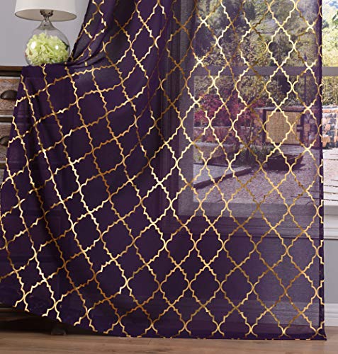 Kotile Purple Sheer Curtains with Gold Foil Print Moroccan Tile Pattern for Girls Room, Grommet Voile Drapes, 52 x 84 Inch, Set of 2 Panels
