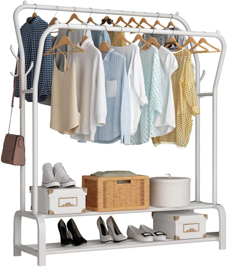 UDEARGarment Rack Freestanding Hanger Double Rods Multi-functional Bedroom Clothing Rack, Double layer ，8 Hooks，White