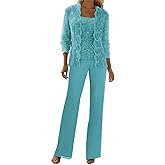 Senunlia 3 Pieces Chiffon Lace Mother of The Bride Pant Suits with Jackets Sequins Wedding Guest Dresses for Women