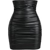 GORGLITTER Women's High Waisted Ruched Fitted Tummy Control Skirt Dressy Casual Leather Bodycon Mini Skirt