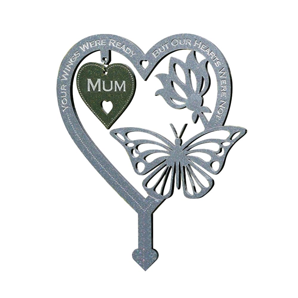 Garden Memorial Plaque for Mum Mothering Sunday Stakes Grave Markers Cemetery Weatherproof Inserted Yard Sign Heart Shaped With Butterfly Flower Ornament Memorial Plaques and Garden Signs Present