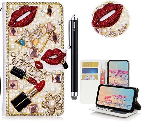 LG V20 Bling Wallet Case - Castle Cas 3D Handmade Sparkle Crystal Lipstick Girls High Heel Flowers PU Leather Anti-Scratch Card Slots Bumper Design Cover Case - Red