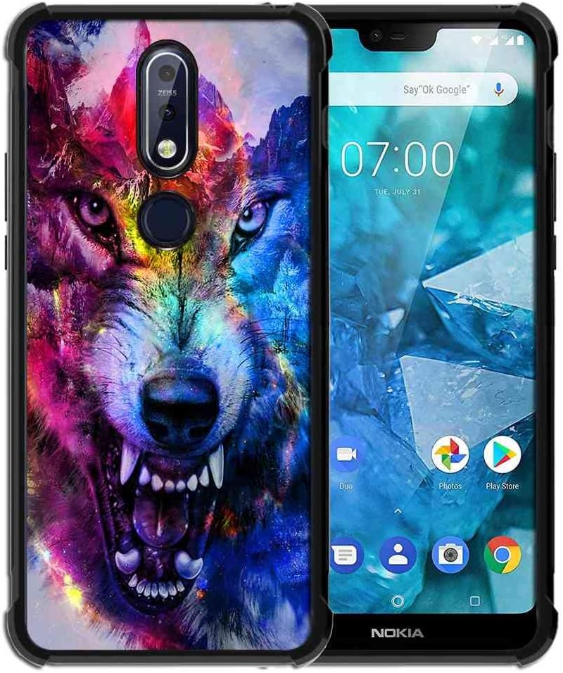 for Nokia 7.1 Case Space Galaxy Nebula Wolf Pattern, ABLOOMBOX Shock Soft Bumper Slim Rubber Protective Case with Reinforced Corners for Nokia 7.1 (2018)