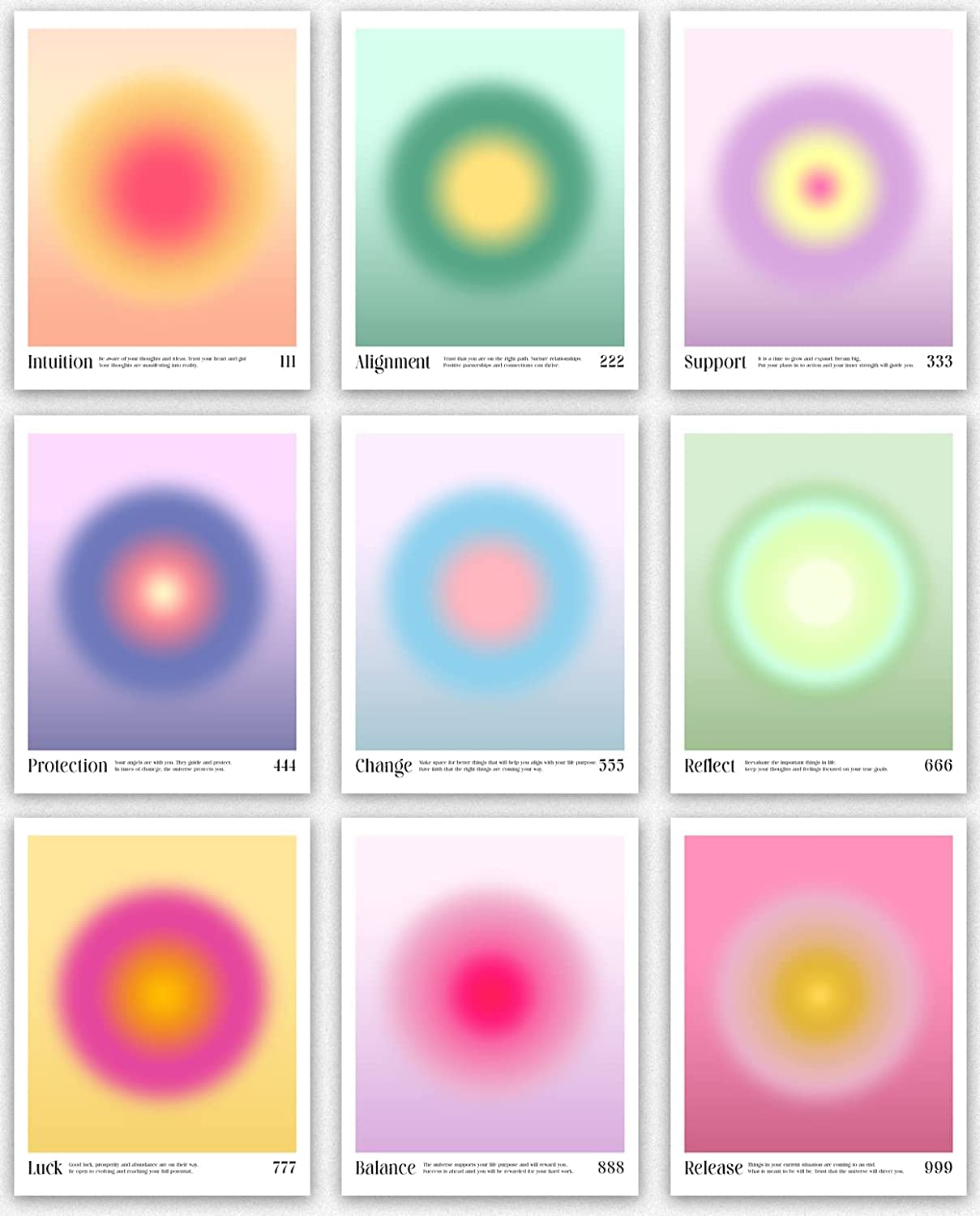Angel Number Posters - Set of 9 Aesthetic Colorful Poster, Colorful Wall Decor of Aura Minimalist Decor, Inspirational Room Art & Unique Art Gifts for Her, Aura Aesthetic (12x16)
