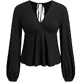 CIDER Womens V Neck Shirt Long Sleeve Blouse Ruffle Hem Going Out Date Night Top