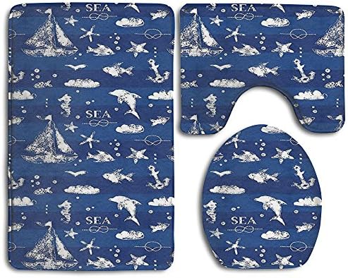 Guiping Sailboat Over Vertical Stripe Pattern Anchor Fishes Gulls Paint Effect Nautical Bathroom Rug Mats Set 3 Piece,Funny Bathroom Rugs Graphic Bathroom Sets,Anti-skid Toilet Mat Set