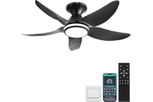 Kviflon Ceiling Fans with Lights and Remote/APP Control, 38 inch Low Profile Flush Mount Ceiling Fans with 5 Reversible Blades 6 Speeds, 3 Colors Dimmable+Ring Lights for Bedroom Dining Room, Black