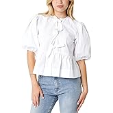 Joiemont Womens Puff Sleeve Tie Front Blouse Tie Front Half Sleeve Top