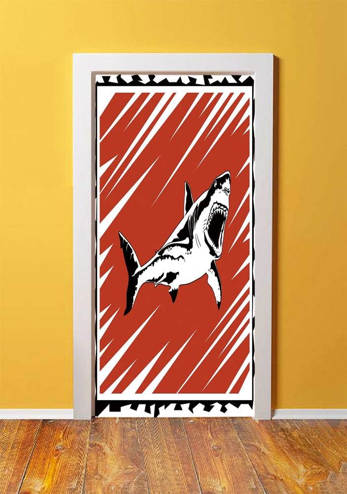 Shark 3D Door Sticker Wall Decals Mural Wallpaper,Killer Sea Creature Swimming in the Ocean in Grunge Stylized Graphic,DIY Art Home Decor Poster Decoration 30.3x78.10480,Black White Burnt Sienna