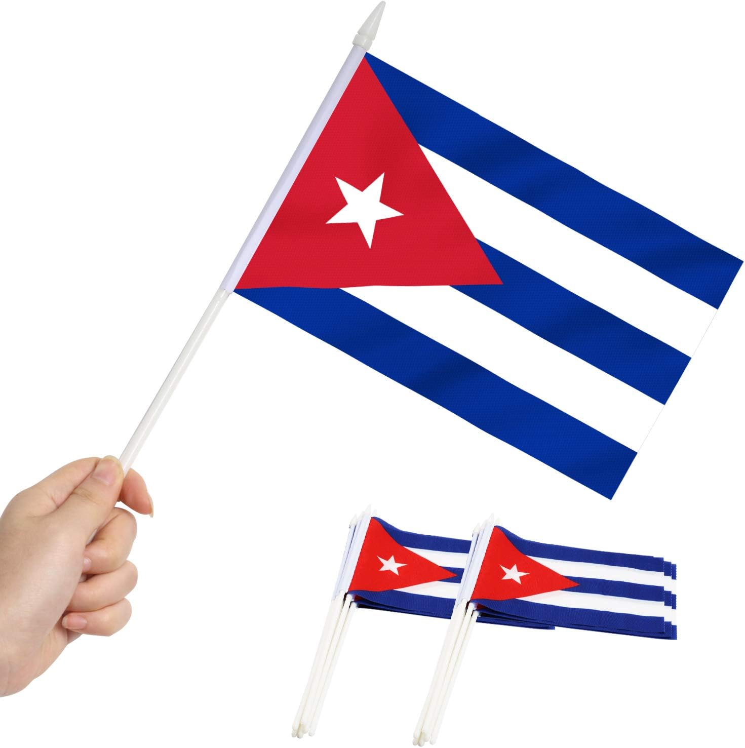 Flags - Anley Cuba Mini Flag 12 Pack - Hand Held Small Miniature Cuban Flags on Stick - Fade Resistant & Vivid Colors - 5x8 Inch with Solid Pole & Spear Top