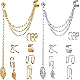 KaFu 14 Pieces Stainless Steel Ear Clip Fake Cartilage Earring Set Helix Wrap Ear Clip Tassel Threader Earrings for Non Piercing & Piercing Ear jewelry Gifts for Women