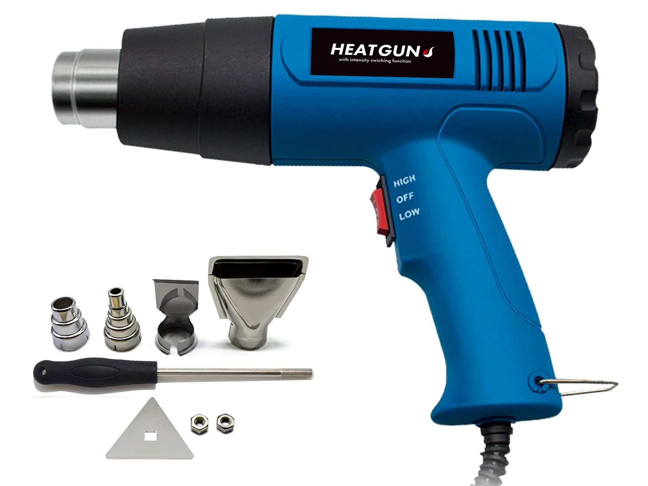 MTK ヒートガン ホットガン ヒートエアガン 強力 2段階風速 600℃ 4種類ノズル付 ホットエアガン 風量切替機能 熱風機 アタッチメント付 三角スクレーバー付 日本語マニュアル付 DIY 修理 補修 乾燥 剥離 加工 HT1800商品画像