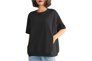 Oversized Sweatshirt for Women Short Sleeve Crewneck Sweatshirt Short Sleeve Pullover Tops Solid Color Top with Pocket