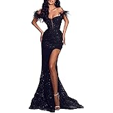 Jamille Mermaid Prom Dress with Feathers Long Sequin Evening Gown Formal Off The Shoulder Sparkly Strapless Gowns JA0059