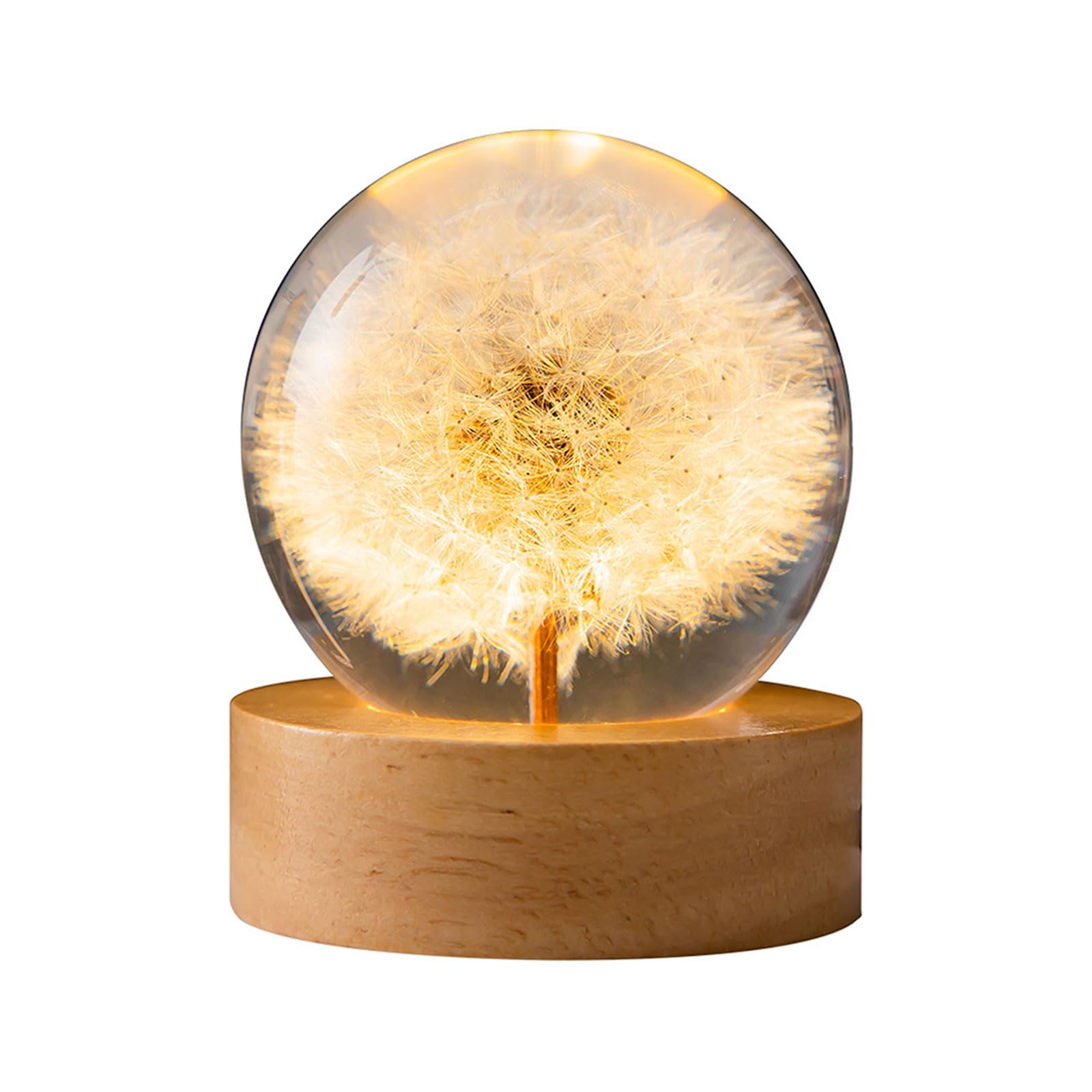 luolety Flower Crystal Ball Night Light, 6CM Glass Ball Lamp with Wooden with LED Light Base, USB Powered Flower Specimen Night Lamp with Stand (Dandelion)