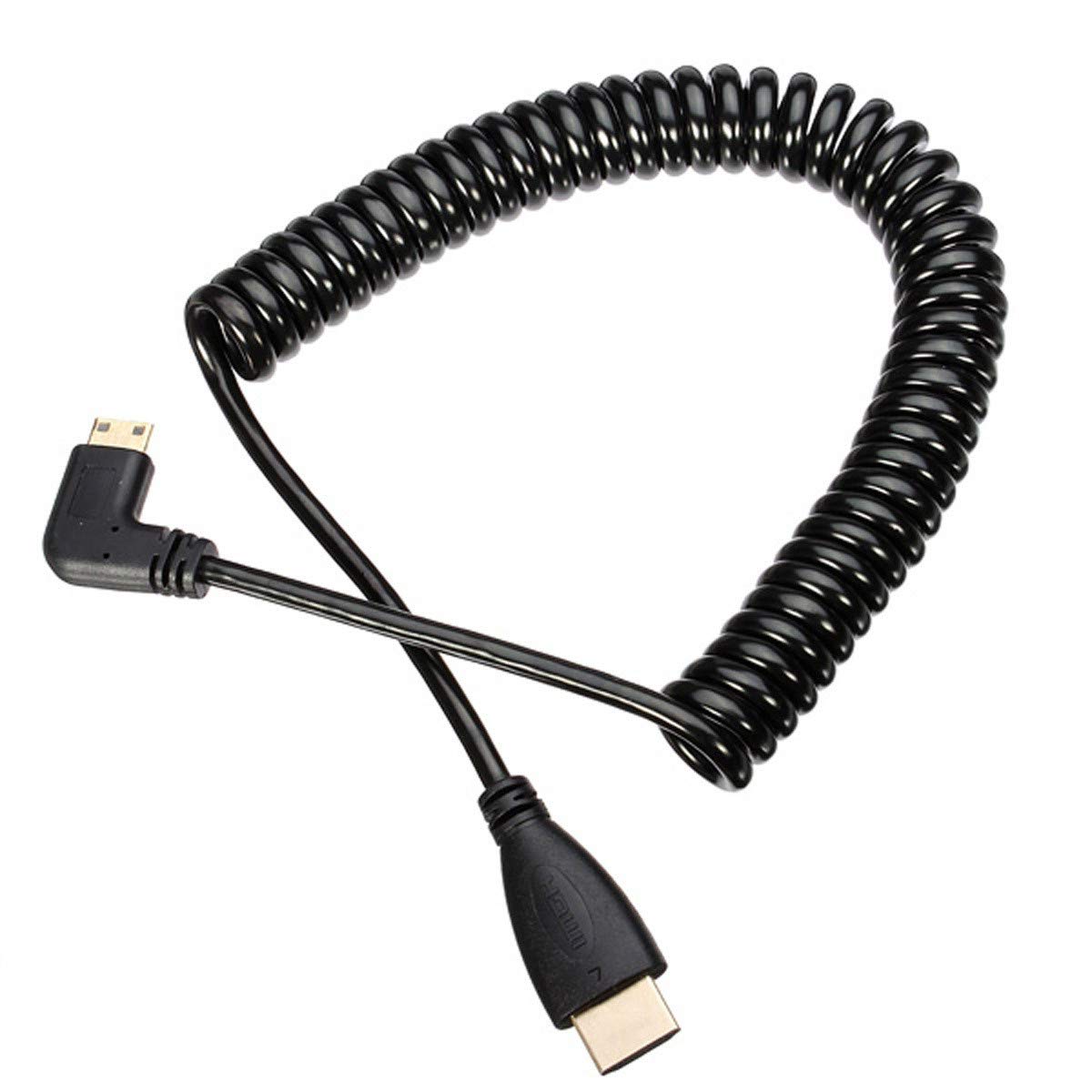 HangTon Right Angled 90 Degree Mini HDMI to HDMI HDTV Spiral Cable for Phone Tablet Laptop DV Camera Computer Monitor 4ft