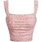 SHENHE Women's Floral Tank Top Ruched Square Neck Open Back Cute Fairy Crop Tops