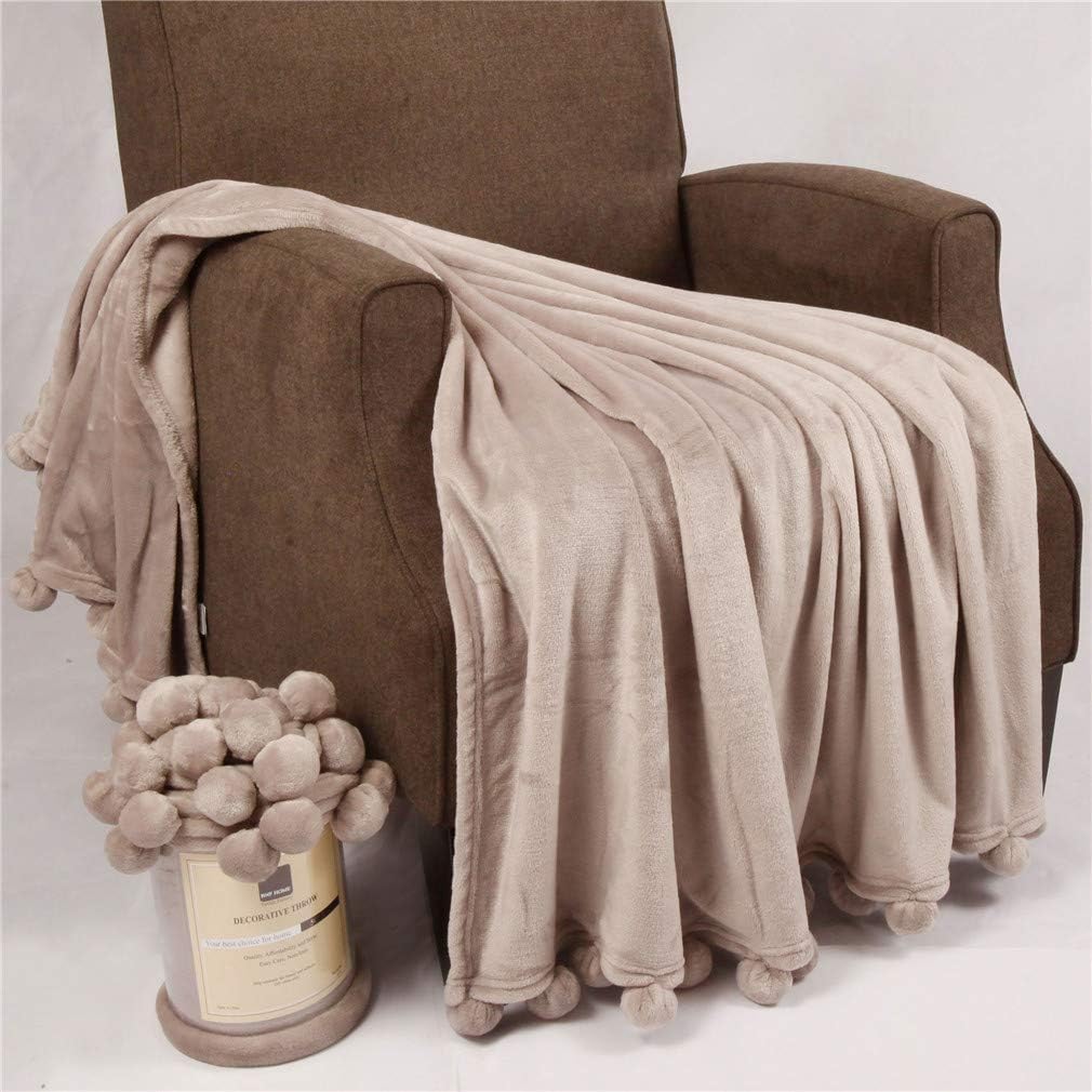 Newtown Pom Pom Solid Color Wrap Light Weight Fleece Bed Couch Chair Sofa Throw Blanket, 50" x 60", String