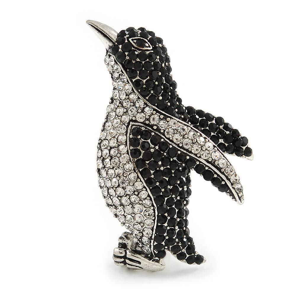 Black/Clear Crystal Penguin Brooch In Aged Silver Tone Metal - 50mm Tall