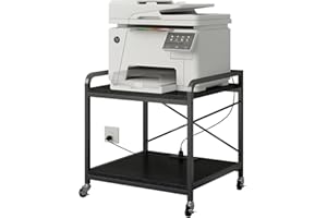 METYERRY Under Desk Printer Stand with Power Outlet Large Printer Table with Adjustable Shelf,Industrial Wheels, 20 Inches Deep 2 Tier Rolling Printer Cart for Home Office, Black
