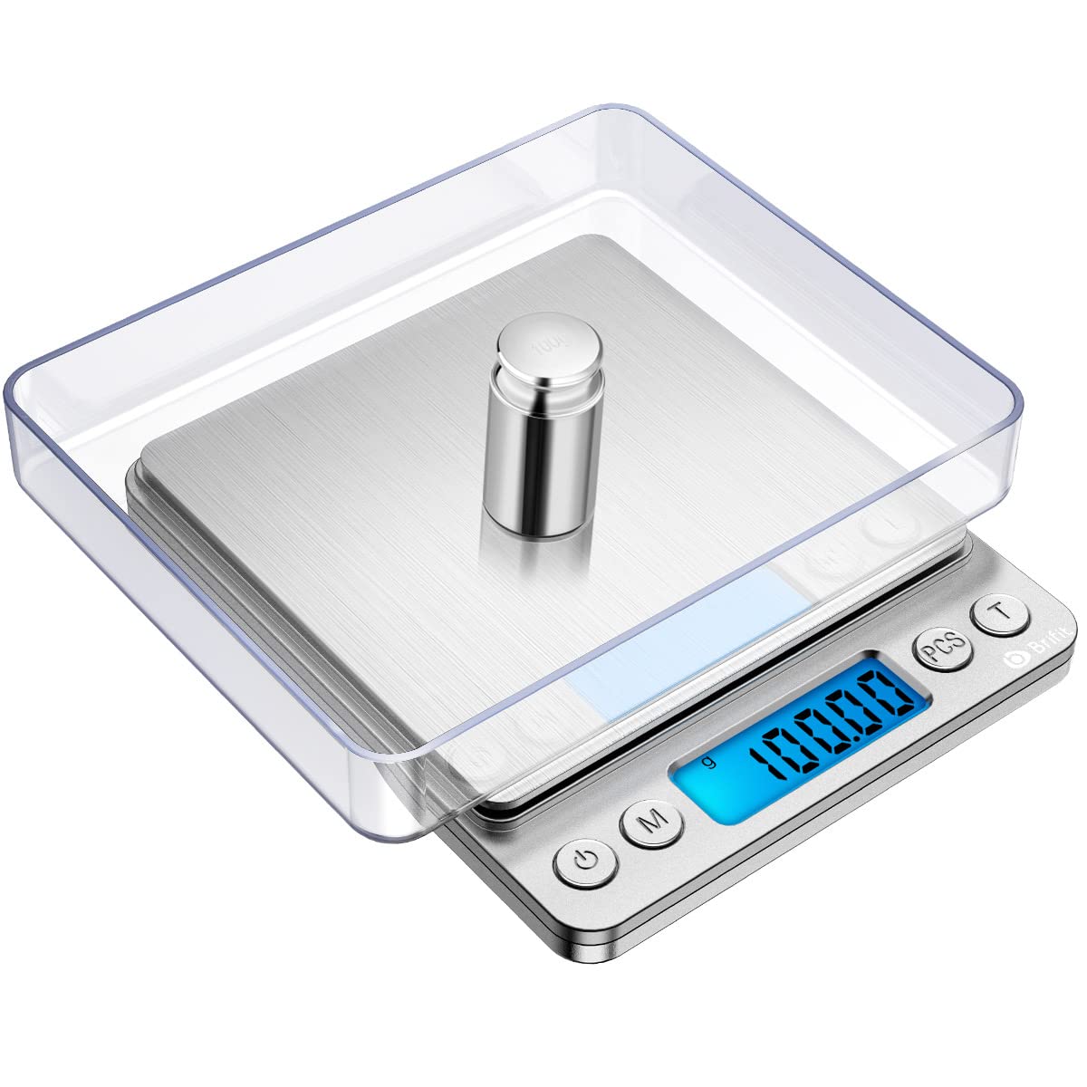 Brifit Digital Pocket Scale, 500g High Precision Jewellery Scales with 100g Calibration Weight, Stainless Steel Mini Kitchen Scale with Backlit Display, 0.01g Precision, 2 Trays, Tare& PCS Function