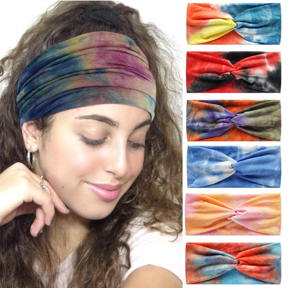 6Pcs Women's Hairband Bandana Accessories for Adults - Boho Elastic Turban Wide Non-Slip Scarf Headbands for Short Hair (Tiedye)