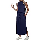 GRECERELLE Two Piece Skirt Sets for Women Sleeveless Mock Neck Top Split Maxi Skirt Vacation Travel Matching Set with Pockets