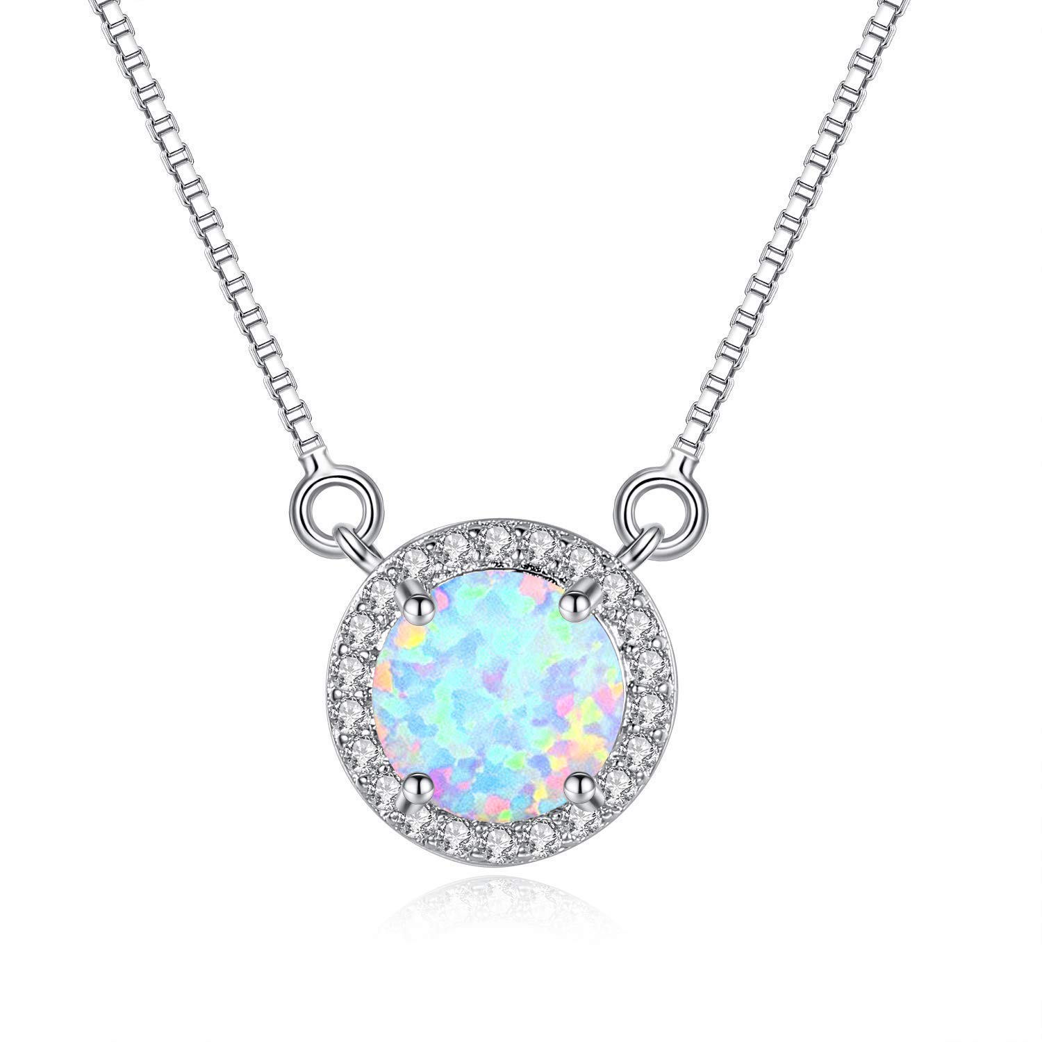 Sterling Silver Round Cubic Zirconia Inlaid Opal Pendant Necklace for Women 16\