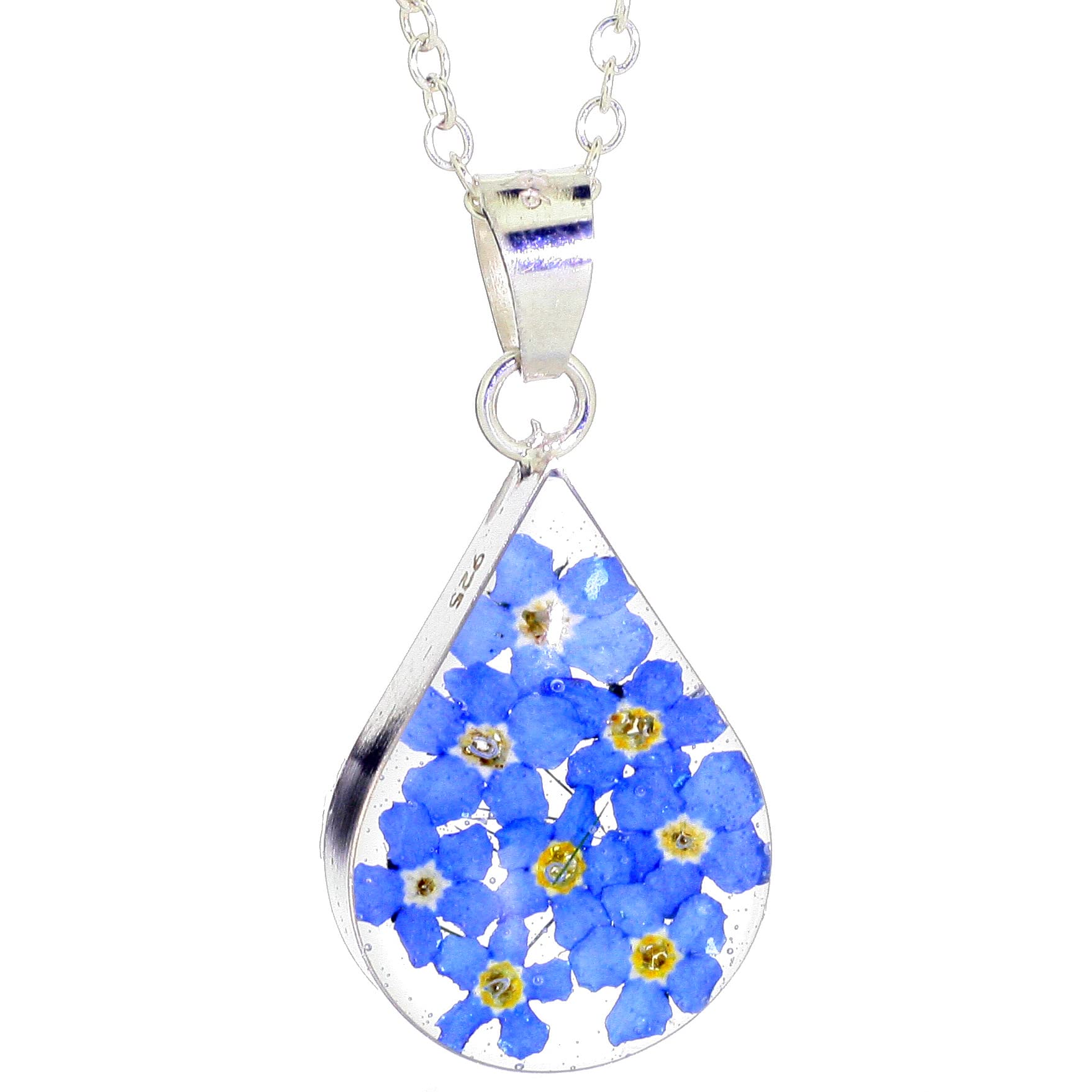 Natural Flower Jewellery Sterling Silver Medium Tear Drop Pendant Made With Real Forget Me Nots