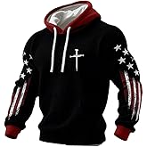 CIVIZILUX Men's Retro Autumn Casual Faith Cross Art Print Hoodie Usa Flag And Cross
