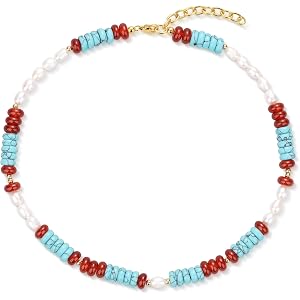 LuxSep Feshwater Pearl Necklace for Women, Turquoise Jewelry for Women, Colorful Necklace Carnelian Turquoise Natural Gemston