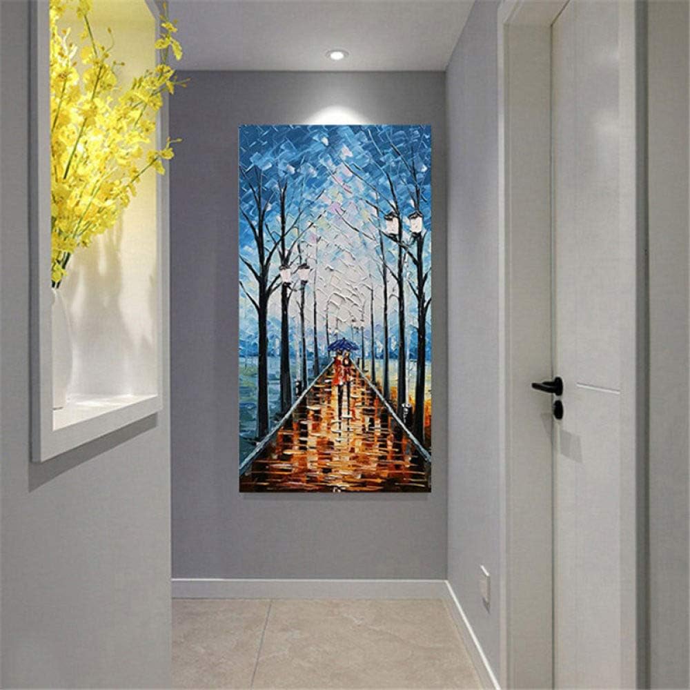 Hand Painted Oil Painting On Canvas Abstract Landscape Paintings Vertical Rectangle Blue Wood Painting Knife Modern Artwork Abstract Large Wall Art Decor For Living Room 60×120Cm(24×48 Inch)
