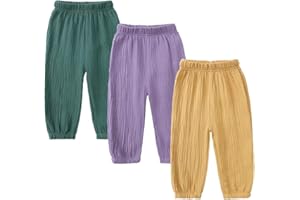 Kids Tales 3 Pack Boys Girls Cotton Linen Pants Child Basic Plain Solid Trousers Big Kids Elastic Waist Long Pants Bloomers