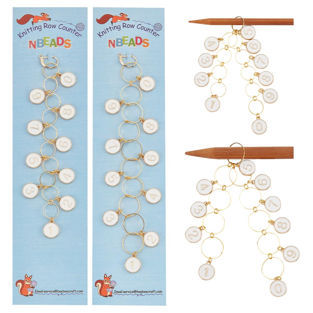 NBEADS 2Pcs 2 Sizes Flat Round Charm Knitting Row Counter Chains, Numbers from 1 to 10 Alloy Enamel Charms Stitch Marker for Knitting Crochet Tracking Project Progress, White (up to 10mm/14mm)