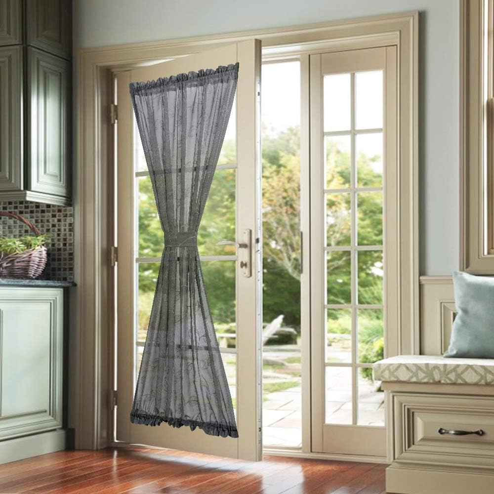 Topick Sheer Door Curtain with Leaf Embroidered Design for Glass Door French Door Panel Rod Pocket 1 Panel 72" L Charcoal Grey