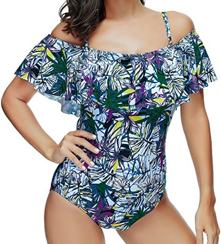 LAVENCHY Women One Piece Plus Size Floral Print Strappy Flounce Ruffled Padded Sexy Swimsuit Swimwear for Teens Light Blue,Size XL=US 12-14