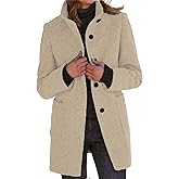 Womens Winter Long Vintage Solid Color Coat Wool Blend Standing Collar Button Thickened Jacket