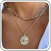 Yheakne Vintage Layered Disc Coin Necklace Textured Coin Pendant Necklace Gold Paperclip Chain Necklace Hammered Disc Choker Necklace Jewelry for Women
