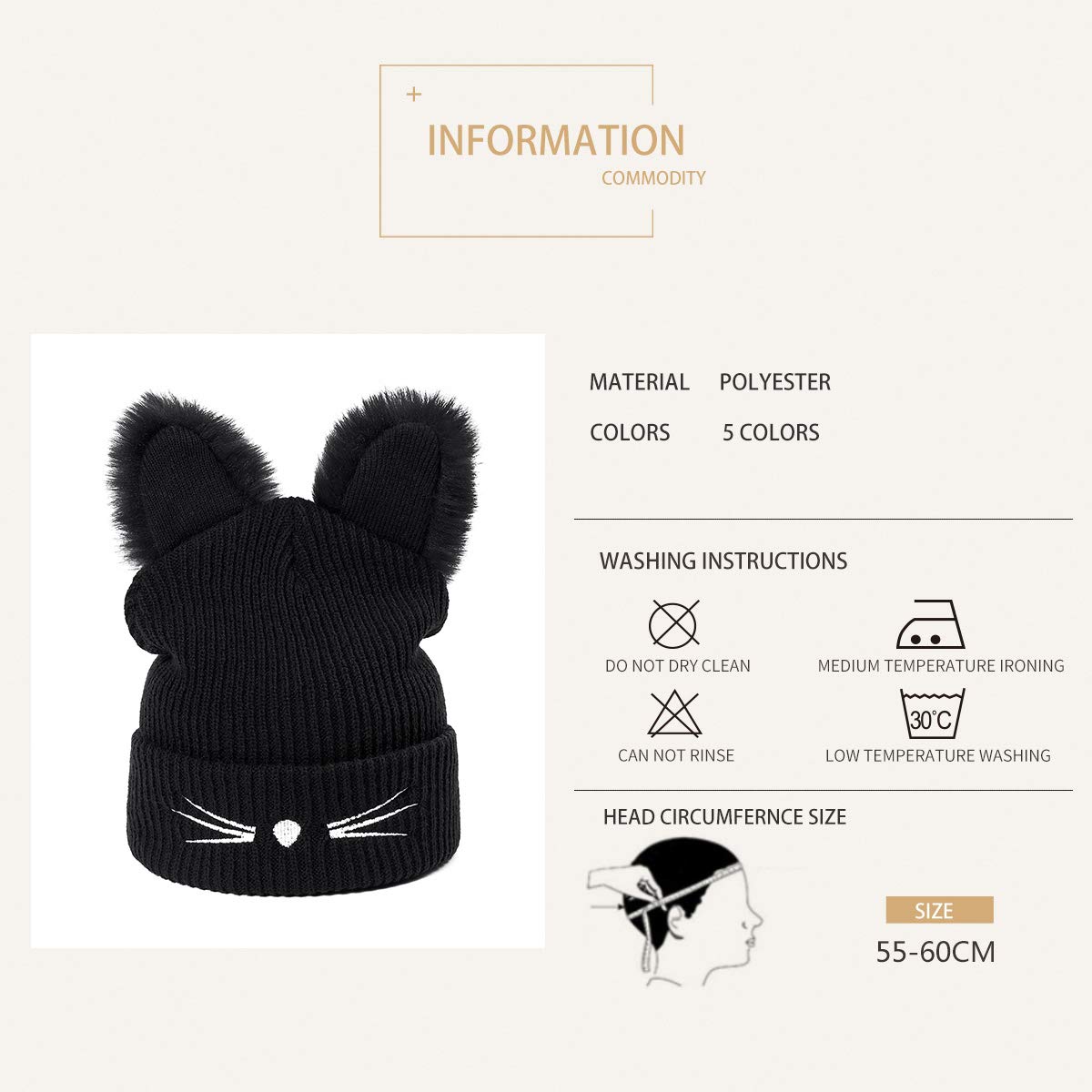 Flowomen Winter Hats for Women Cute Cat Ear Hat with Embroidered Warm Knit Crochet Women\'s Slouchy Beanie Hat Ski Cap (Black)