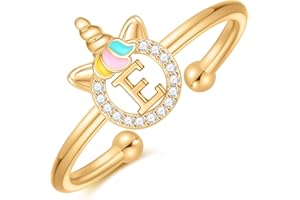 CIVOKINA Unicorn Rings for Girls, 14K Gold Plated/Rose Gold Plated/Sterling Silver Unicorn Rings for Kids Cute Initial Toddler Ring Adjustable Letter Rings for Teen Girls Gifts, Hypoallergenic, No Tarnish