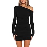 Fhykiss Women's Sexy Going Out Dress Off Shoulder Long Sleeve Bodycon Mini Dress Ruched Elegant Cocktail Party Dress