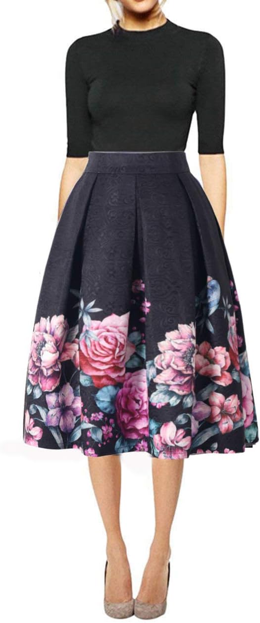 Hanlolo Women's Floral Midi Skirts High Waisted A-Line Cocktail Party Prom Skirt