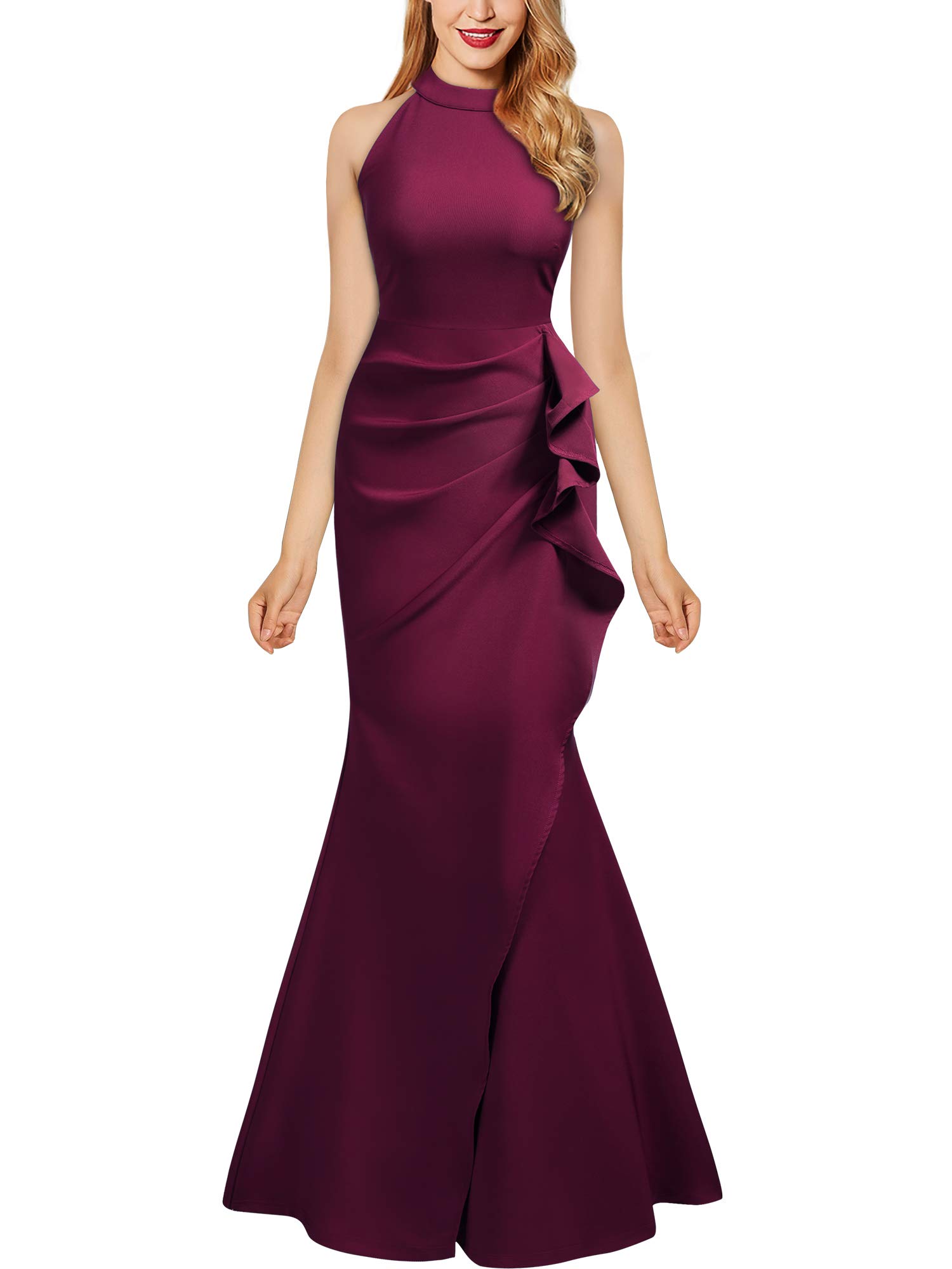 Knitee Women's Halter Neck Sleeveless Pleated Ruffles Evening Party Maxi Cocktail Long Dress