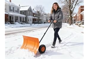 Garvee Snow Shovel Pusher for Driveway,Heavy Duty 2-Wheel Snow Shovel with Single Rod,29" Angled Blade Efficient Metal Snow R