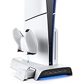 KIWI design D3 Cooling Station for PS5 Slim with Press-and-Pull Design, Controller Charging Station with Magnetic Dongles, Vertical Stand with High-Speed Cooling Fan and RGB for PS5 Slim Accessories