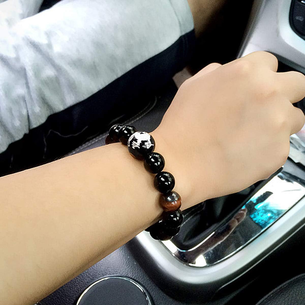 Mecool Obsidian Stretch Bracelet Round Gold Stretch Obsidian Bracelets 16mm Beads, Red Black-16mm, 9 5 inch - Image 5
