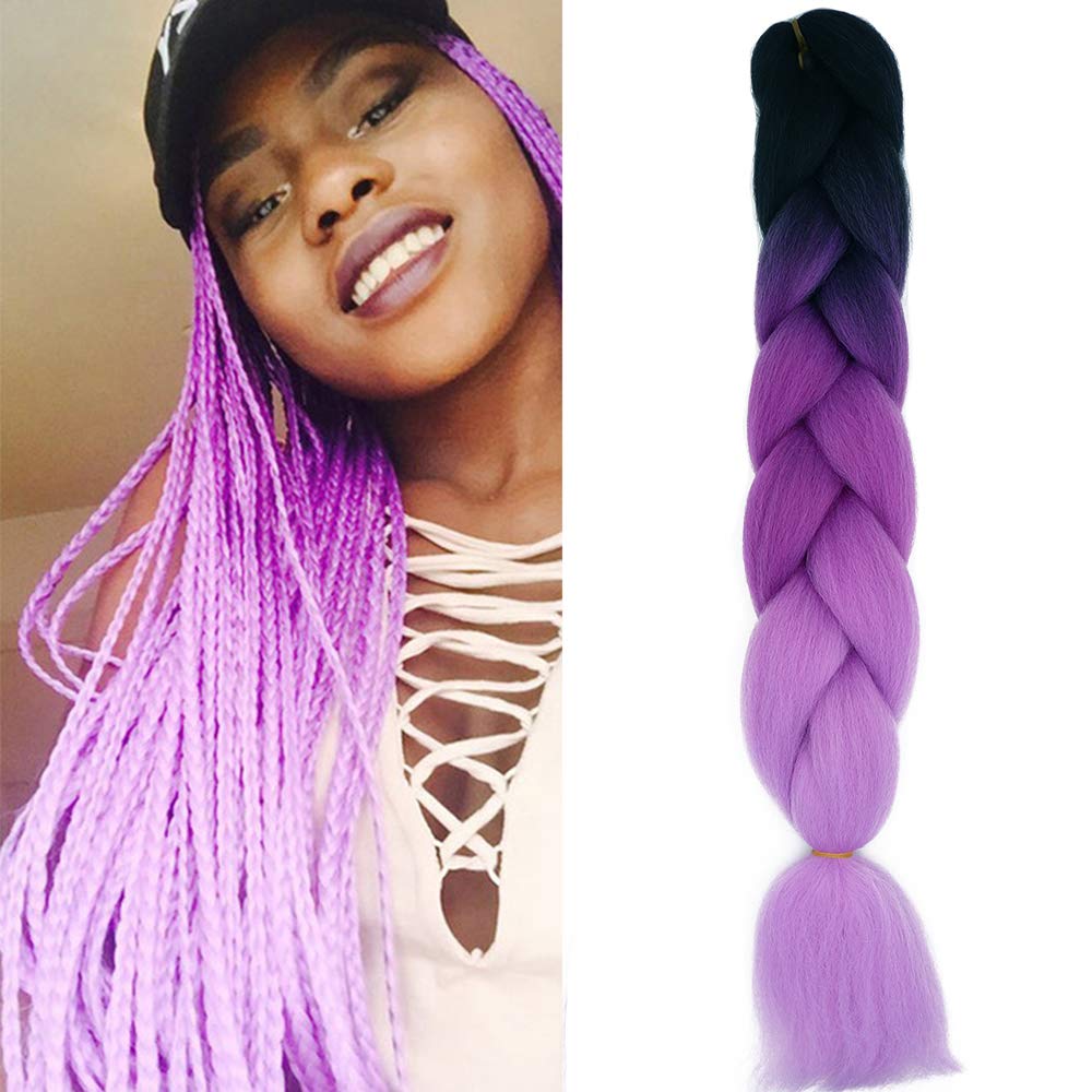 24" Braiding Hair Extension Jumbo Braids Synthetic Crochet Hair Afro Box Braid Heat Resistent (Black&Purple&Light Purple)