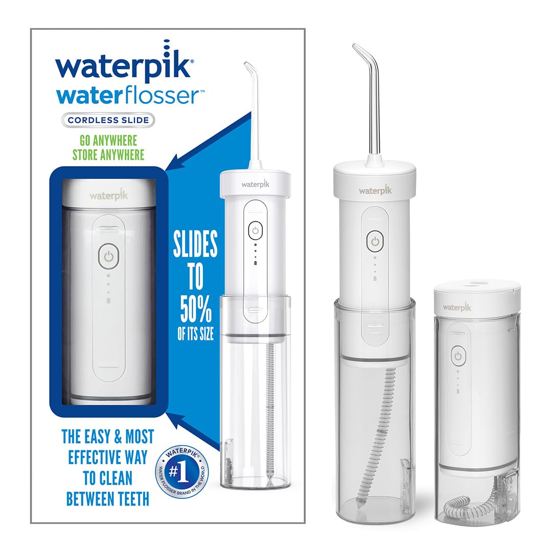 Waterpik Cordless Slide Water Flosser, Electric Dental Flosser, Rechargeable Dental Plaque Removal Tool, Clean Between Teeth, Oral Irrigator, Ideal for Travel or Small Bathrooms, White, WF-16