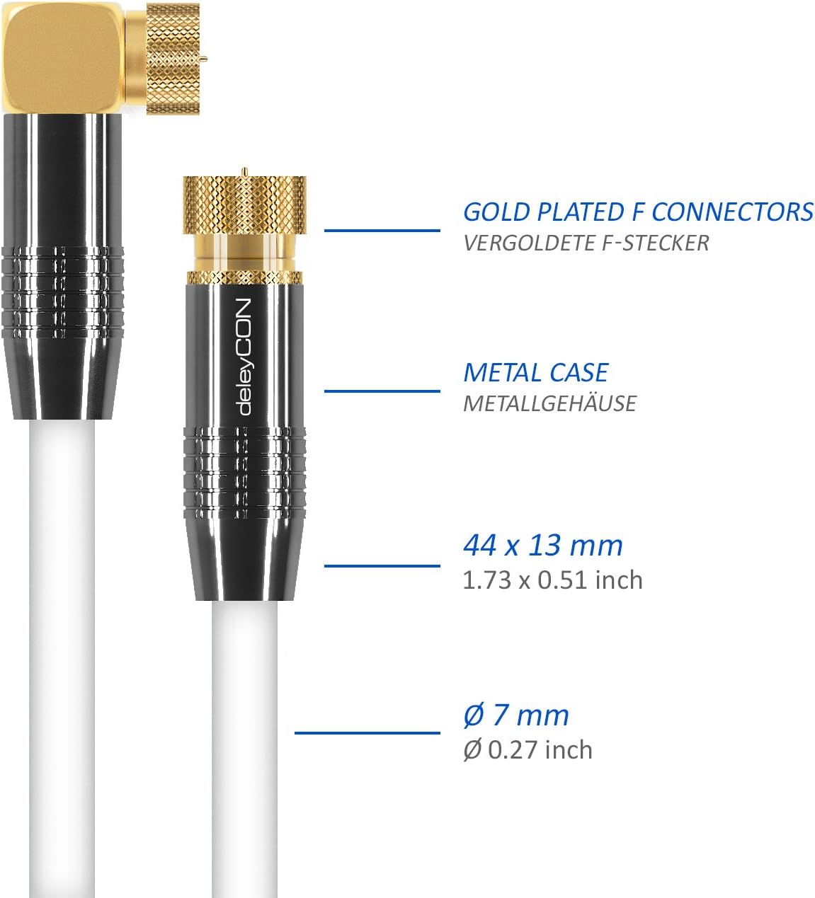 deleyCON SAT Cable - 90°/Straight - Gold Plated, White, 12.5m - Image 5